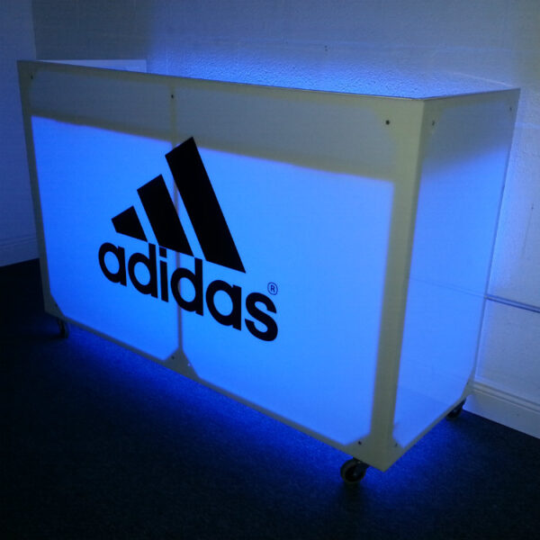 White Acrylic DJ Booth Rental With LED Lighting and Logo Branding - Image 3