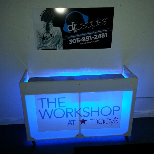 White Acrylic DJ Booth Rental With LED Lighting and Logo Branding - Image 4