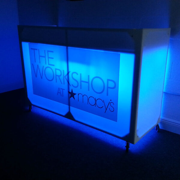 White Acrylic DJ Booth Rental With LED Lighting and Logo Branding - Image 5