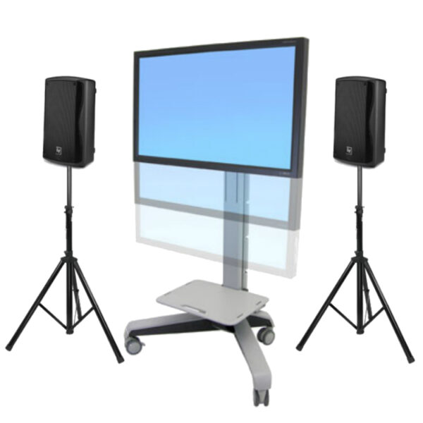 TV ON ROLLING STAND WITH SPEAKERS