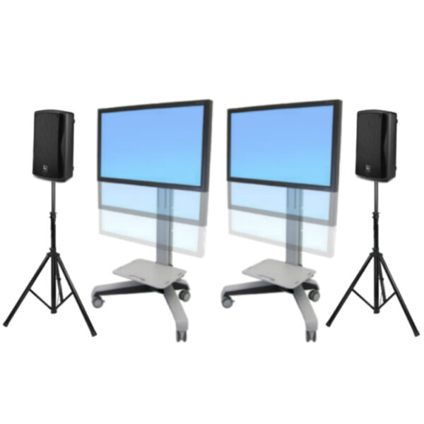 TWO TV ON ROLLING STAND WITH SPEAKERS